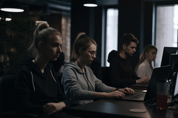 Mensen zitten aan een tafel in een donkere kamer, een van hen gebruikt een laptop.