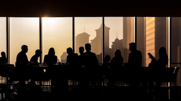 Mensen zitten aan een tafel in een kamer met een raam waarop 'stad van de toekomst' staat