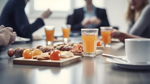 Foto mensen zitten aan een tafel met eten en drinken erop