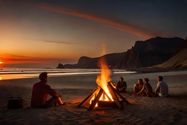 Mensen zitten rond een kampvuur op het strand bij zonsondergang