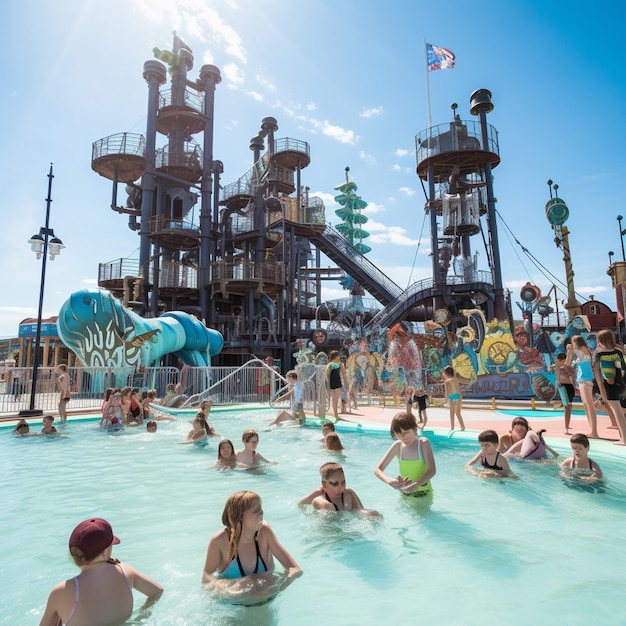 Mensen zwemmen in een waterpark met graffiti op de muren.