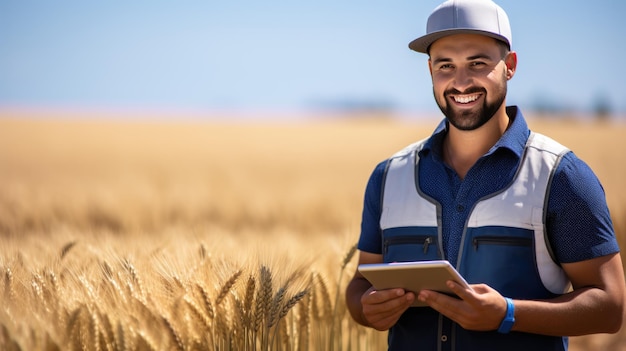 Mensenlandbouwer die in hoed het gebied van tarwe lopen en tabletcomputer gebruiken Landbouwconcept