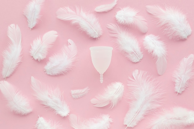 Menstrual cup and bird feather.