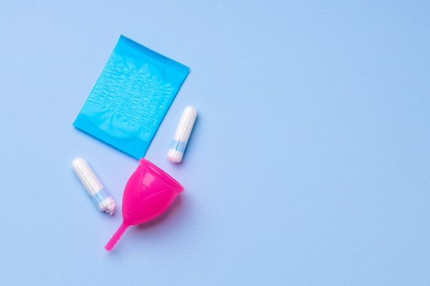 Photo menstrual hygiene products including cup, pads and tampon