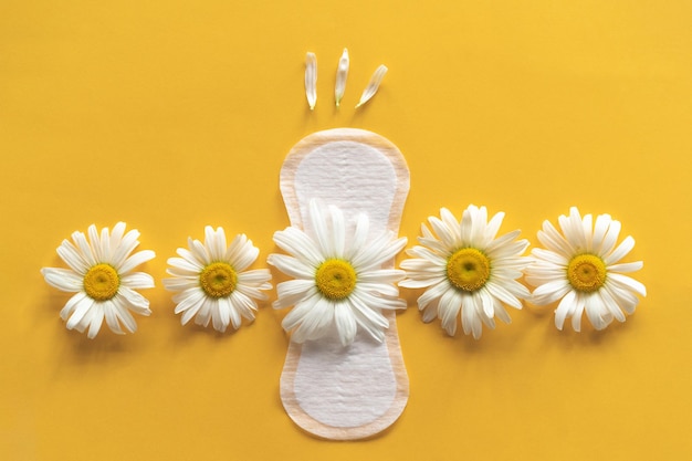 Menstruatieperiode concept Hygiënische witte vrouwelijke pad met kamille bloemen op gele achtergrond Menstruatiebescherming De gezondheid van vrouwen