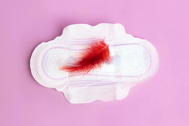 Photo menstruation calendar concept with sanitary pads and feather