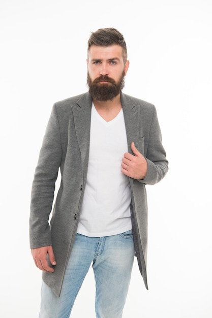 Menswear and fashion concept. Man bearded hipster stylish fashionable jacket. Casual jacket perfect for any occasion. Consultation of stylist. Modern outfit. Stylish casual outfit. Simplicity is key.