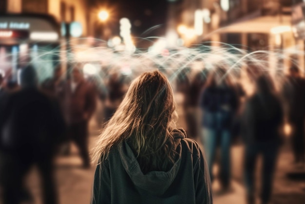 Photo mental health abstract problems depression anxiety woman from back surrounded by people walking in street blurred soft focus