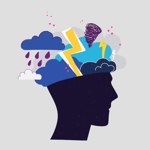 mental health concept abstract image of a head with bad weather inside thunder clouds and lightning as a symbol of depression anger poor morale vector hand drawing illustration