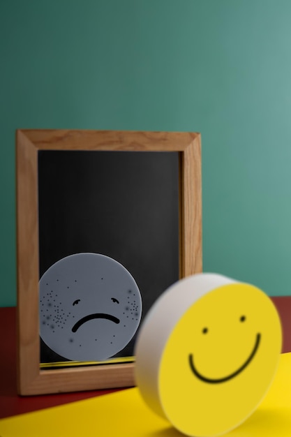 Photo mental health concept complexity of deepest mind and the personality to expressed different characteristics in public a happy face reflects a sad face on another side of the mirror bipolar disorder