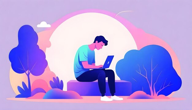 Mental Health Concept Depressieve man werkt aan een laptop te midden van psychologische strijd