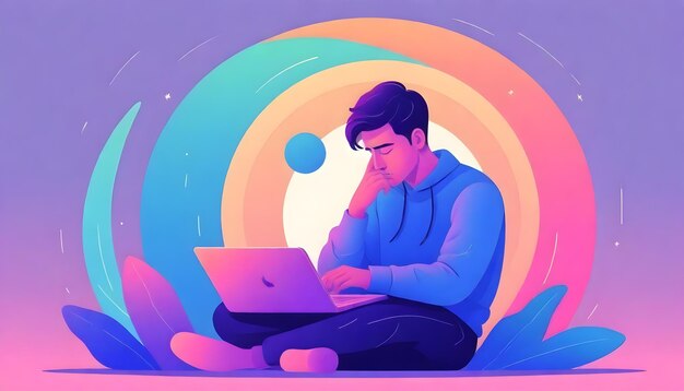 Mental Health Concept Depressieve man werkt aan een laptop te midden van psychologische strijd