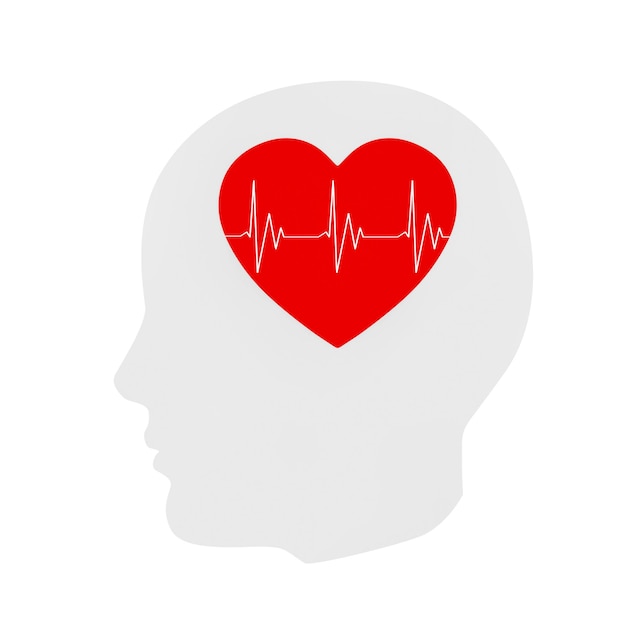 Mental Health Concept White Abstract Head Contour with Red Heart and HeartBeat Pulse on a white background 3d Rendering