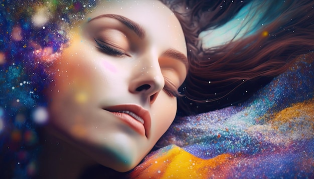 Mental Health Concept of A Woman Dreaming Peacefully on abstract Stars Background