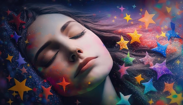 Mental Health Concept of A Woman Dreaming Peacefully on abstract Stars Background