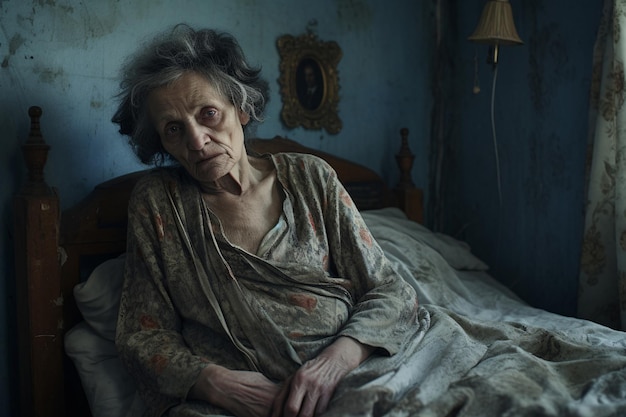 Mental Health Concept for World Mental Health Day Sad and depressed senior woman alone in bedroom