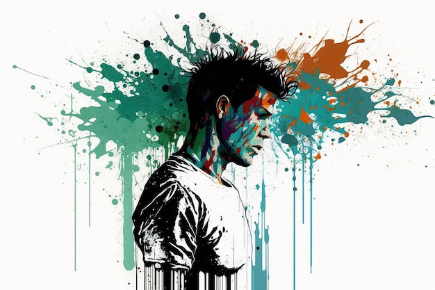 Mental health creative abstract concept Colorful illustration of male head paint splatter style