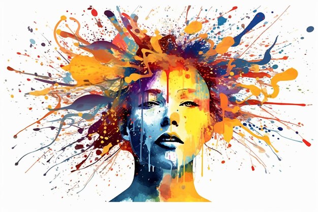 Mental health creative abstract concept Colorful illustration of womale head paint splatter styl