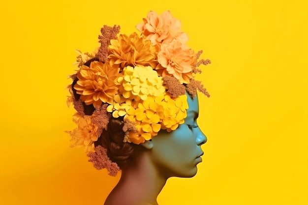 Mental health day female head made of colorful flowers Fictional person created with generative AI
