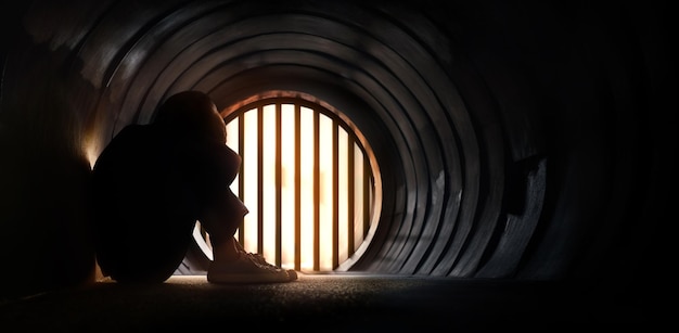 Foto concetto di disturbo della salute mentale ansia da stress persona depressa seduta sul pavimento all'interno del tunnel buio luce alla fine del tubo emozione negativa e sentimento moody tono scuro