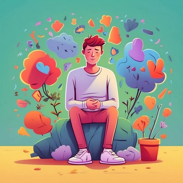 Mental Health Illustration Meditation Inner Peace Vibrant Color Psychology Cartoon