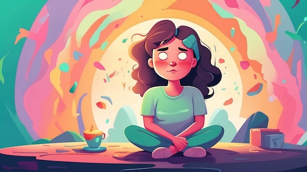 Photo mental health illustration meditation inner peace vibrant color psychology cartoon