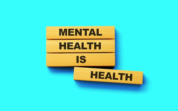Психическое здоровье - это здоровье слова на деревянном баре Всемирный день психического здоровья концепция 3d иллюстрация