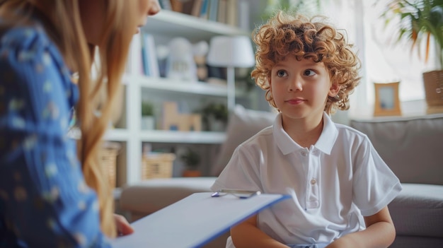 Mental health kid concept Psychologist trying to understand child support him and help cope