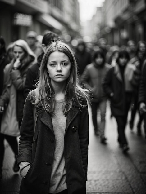 Mental health problems young woman stands in crowd of people in a hazy and sad mood