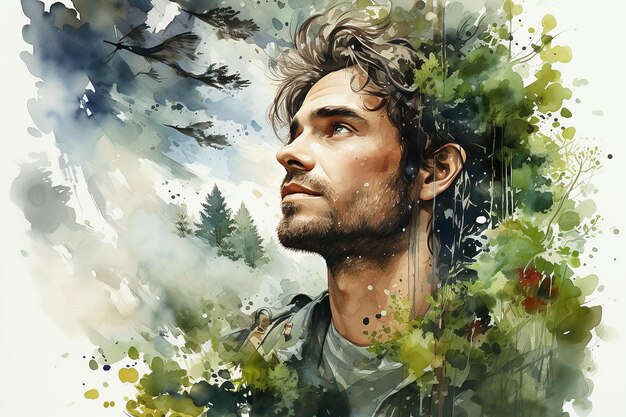 Mental health support Eco style life Watercolor illustration of forest man Copy space