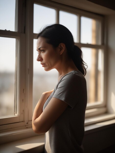 写真 精神的健康 悲しい気分の女性が家で窓の近くで誰かを待っています