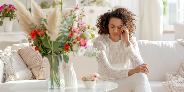 写真 精神的健康 悪い気分でパニック状態で座っている女性彼女が何を必要としているか知らない 白いリビングのコーチテーブルに花を飾っている