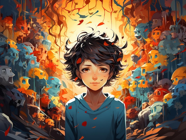 청소년의 정신 건강 십대에 대한 창조적 추상 개념 십대 소년의 다채로운 그림