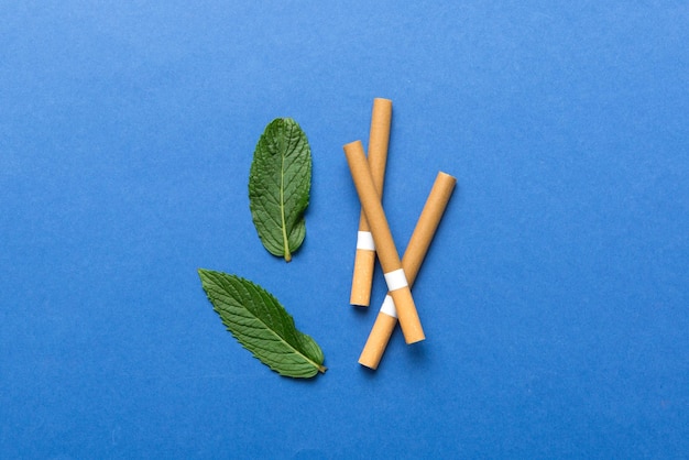 Menthol cigarettes and fresh mint leaves on colored background Many cigarettes stacked together top view flat lay