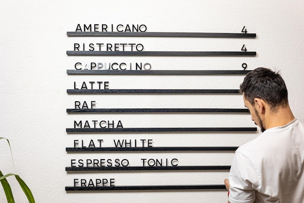 Foto scheda del menu, cartello del menu del caffè sospeso