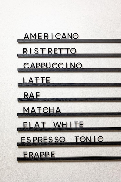 Foto scheda del menu, cartello del menu del caffè sospeso