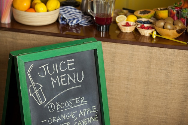 Menu board at health grocery shop