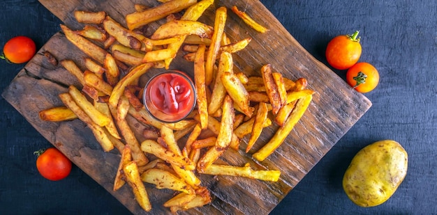 Menu of French fries or fried potatoes with tomato sauce raw potatoes on wooden backgroundtop view