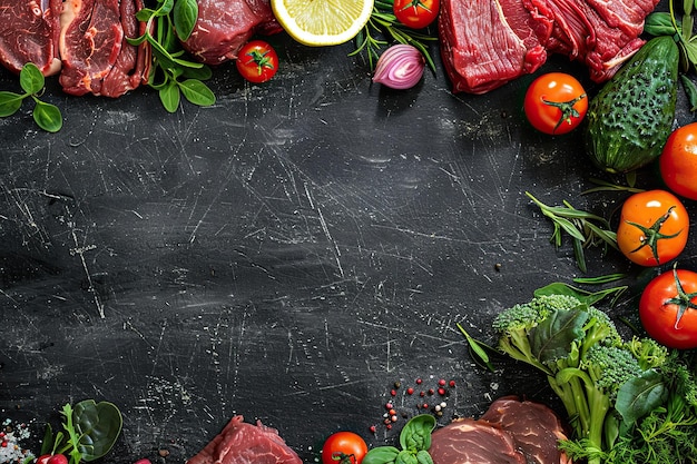 Menu idea meat on the table vegetables and herbs around the meat empty space in the center for text or product chalkboard background