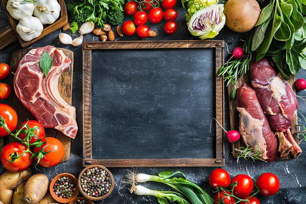 Menu idee vlees op de tafel groenten en kruiden rond het vlees lege ruimte in het midden voor tekst of product krijtbord achtergrond