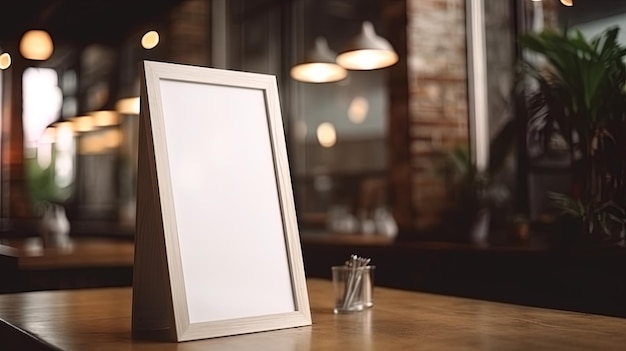 Menu mack up blanco voor tekstmarketingpromotie Mock up Menuframe staande op houten tafel in restaurantruimte voor tekst