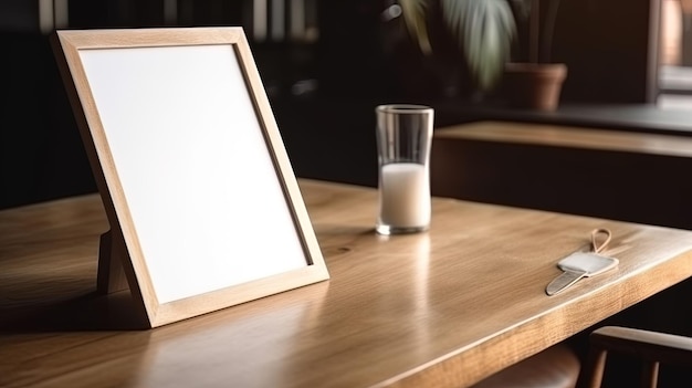 Menu mack up blank for text marketing promotion Mock up Menu frame standing on wood table in restaurant space for text