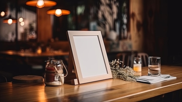 Menu Mock up blank for text marketing promotion Mock up Menu frame standing on wood table in restaurant space for text