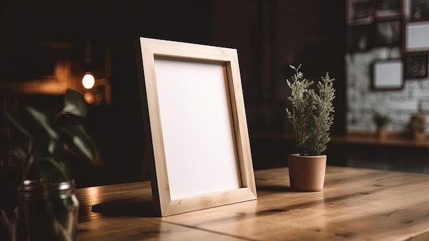 Photo menu mock up blank for text marketing promotion mock up menu frame standing on wood table in restaurant space for text