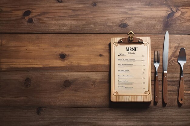 Photo menu on wood table restaurant background