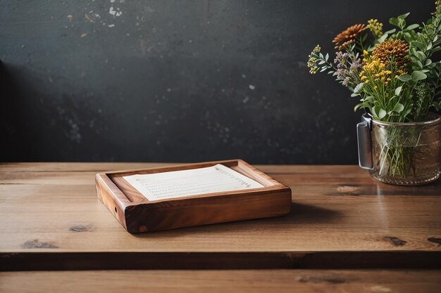 Photo menu on wood table restaurant background