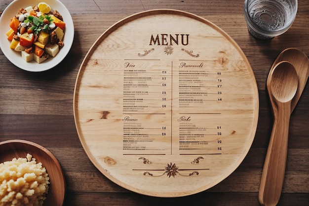 Menu on wood table restaurant background