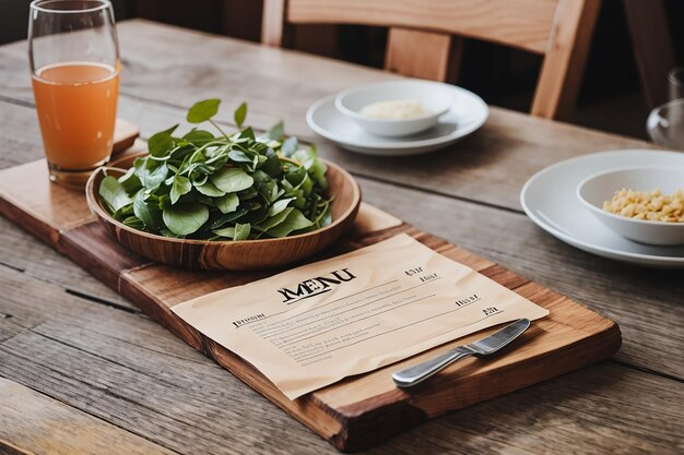 Photo menu on wood table restaurant background