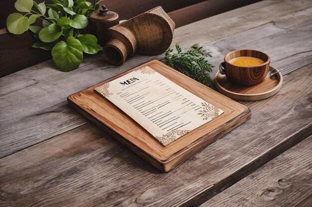 Photo menu on wood table restaurant background