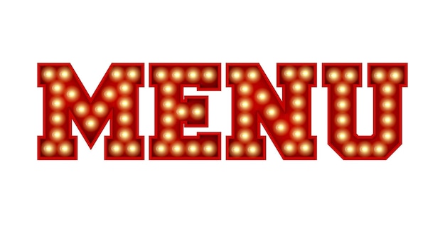 Menu word made from red vintage lightbulb lettering isolated on a white 3D Rendering